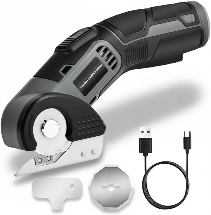 EiGuoerl 4V Cordless Electric Scissors, Lightweight Rotary Cutter with 2 Blades & USB Charging, for Cardboard Fabric Leather Carpet Plastic Rope Cutting, Safety Lock for Home DIY Craft Use - Image 1